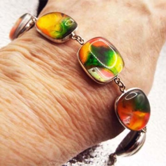 PARTY MULTICOLOR DICHORIC ARTISTS GLASS ASSYMETRIC CABOCHONS SILVERY BRACELET 18 - Picture 2 of 2